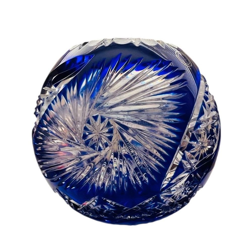Vintage Crystal Clear Cobalt Blue Hand Cut Poland Bowl